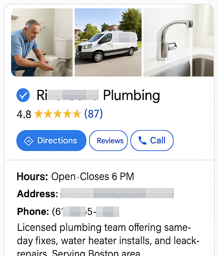Before (thin GBP) and after (verified, photo-rich 4.8★).